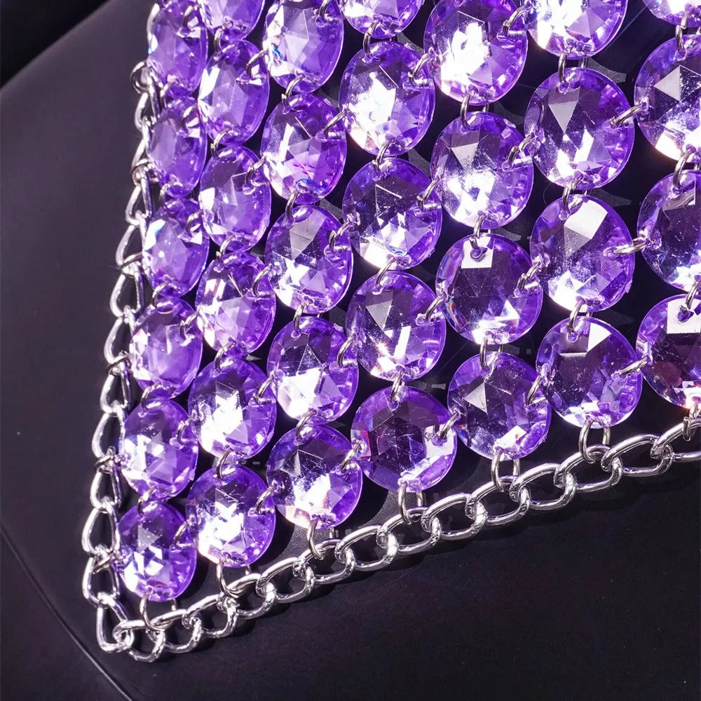 Sparkly Crystal  Purple Halter Backless Crop Top - Festigal