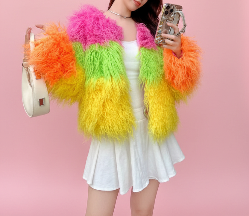Rainbow Striped Shaggy Faux Fur Coat