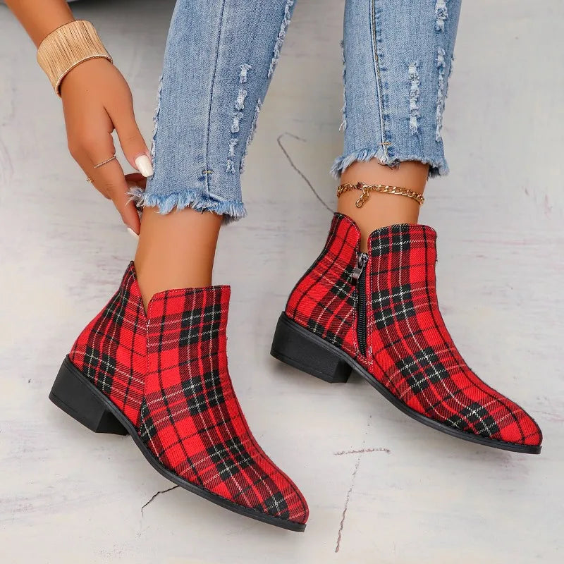 Red Plaid Ankle Boots - Festigal