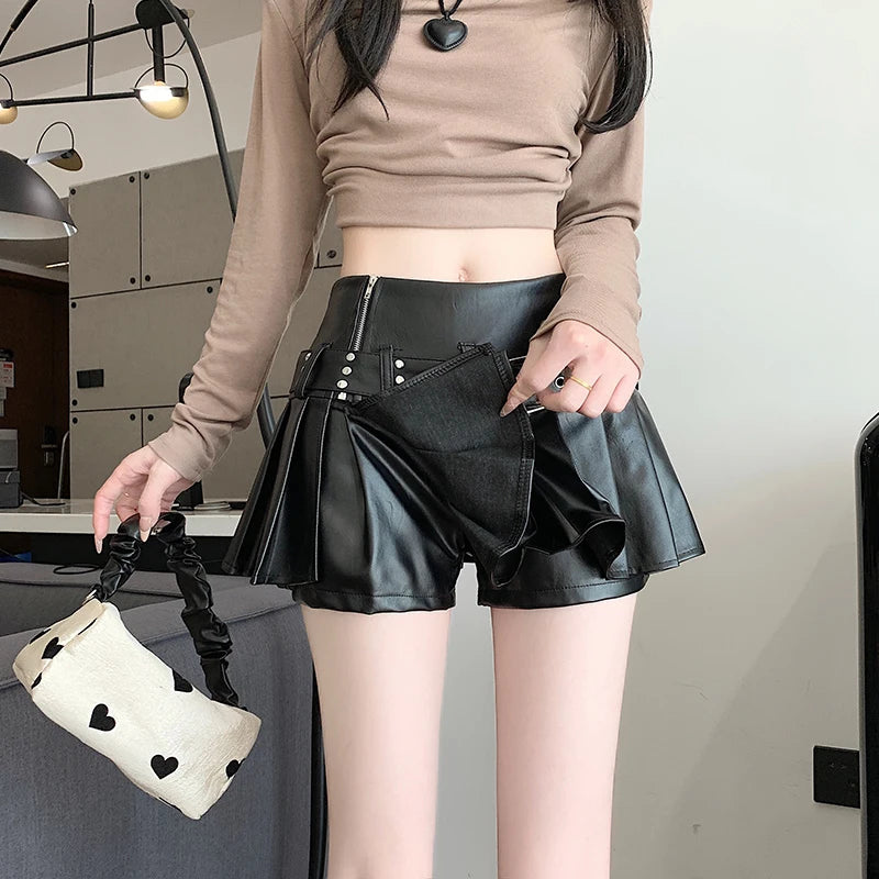 A-Line Pleated Faux Leather Skort - Festigal