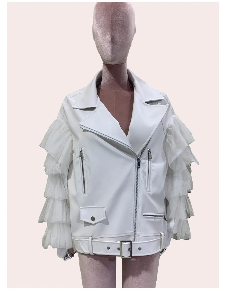Faux Leather Ruffle Sleeve Jacket - Festigal