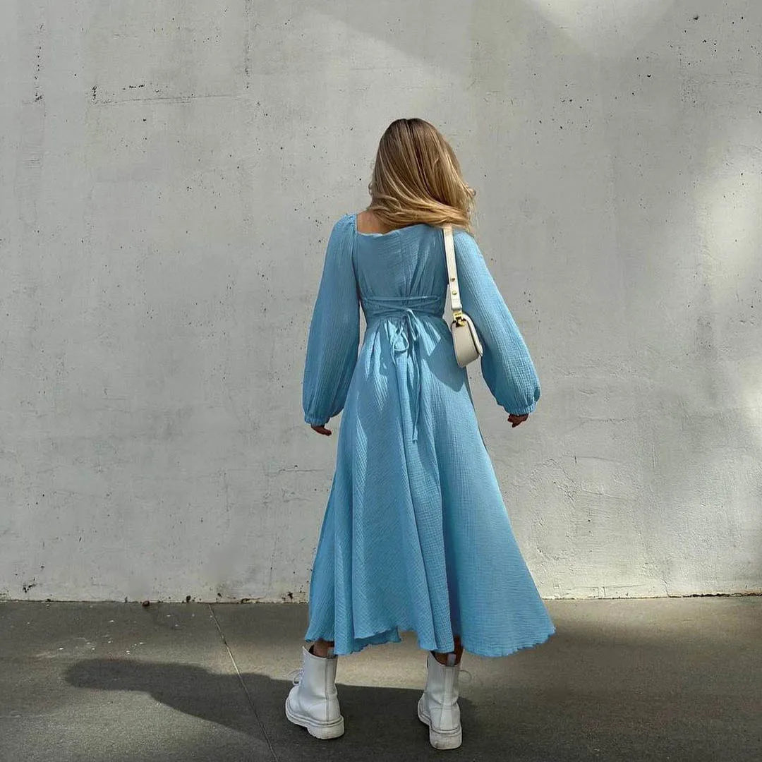 Lace-Up Lantern Sleeve Midi Dress - Festigal