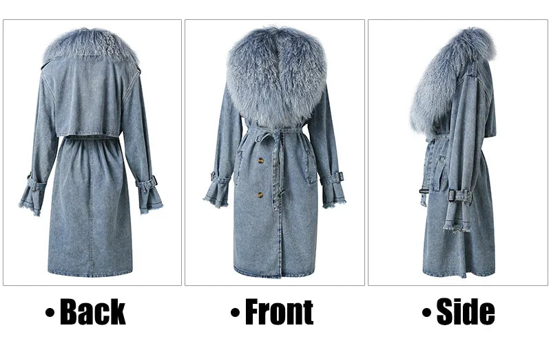 Mongolian Fur Collar Denim Trench Coat - Festigal