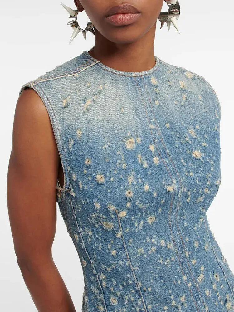 Distressed Denim A-Line Dress - Festigal