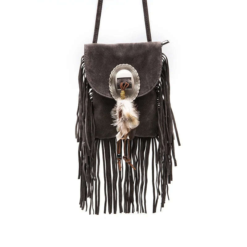 Fringe and Feather Tasselled Shoulder Bag - Festigal