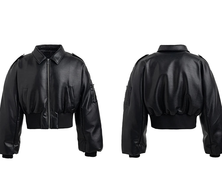 Black Faux Leather Bomber Jacket - Festigal