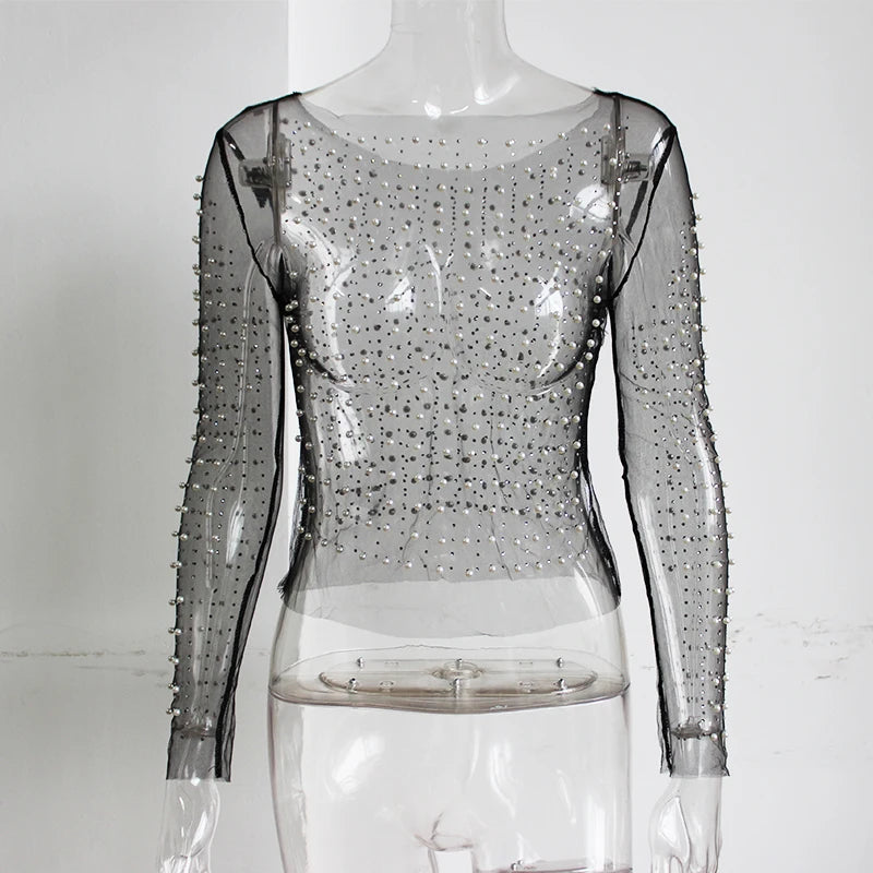 Mesh Pearl Embellished Long Sleeved Top - Festigal