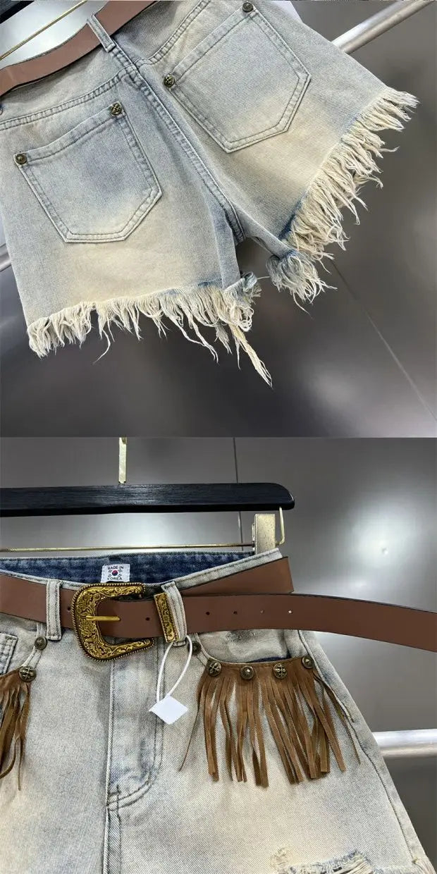 Denim Distressed Tassel Shorts - Festigal