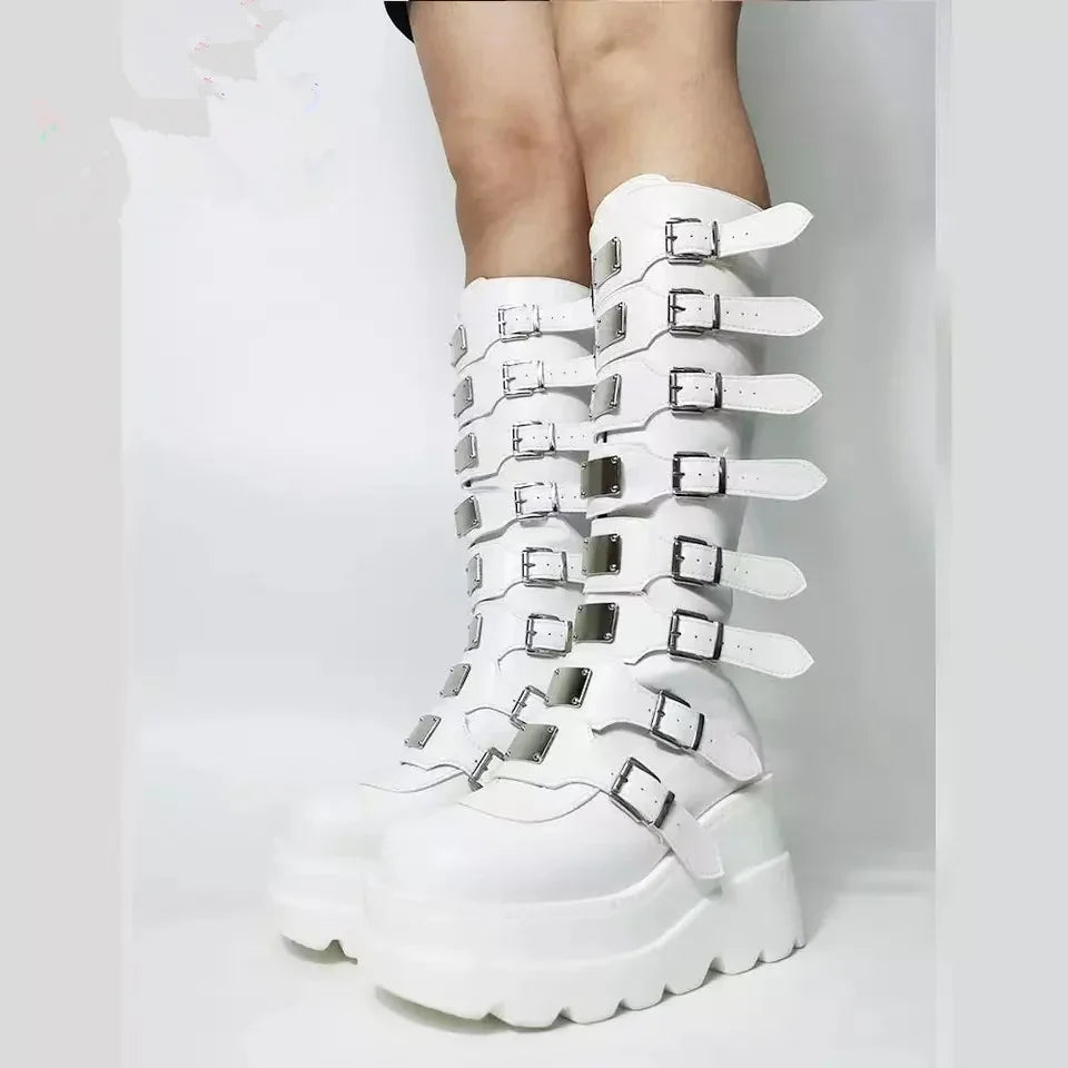 Buckles Galore Knee High Wedges - Festigal
