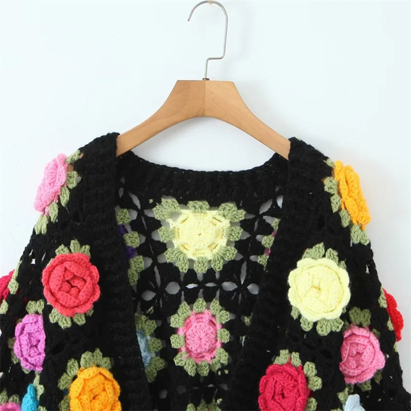 3D Rose Handmade Crochet Cardigan - Festigal