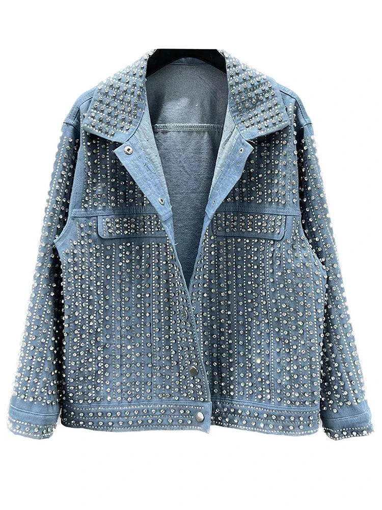Rhinestone Embellished Denim Jacket - Festigal