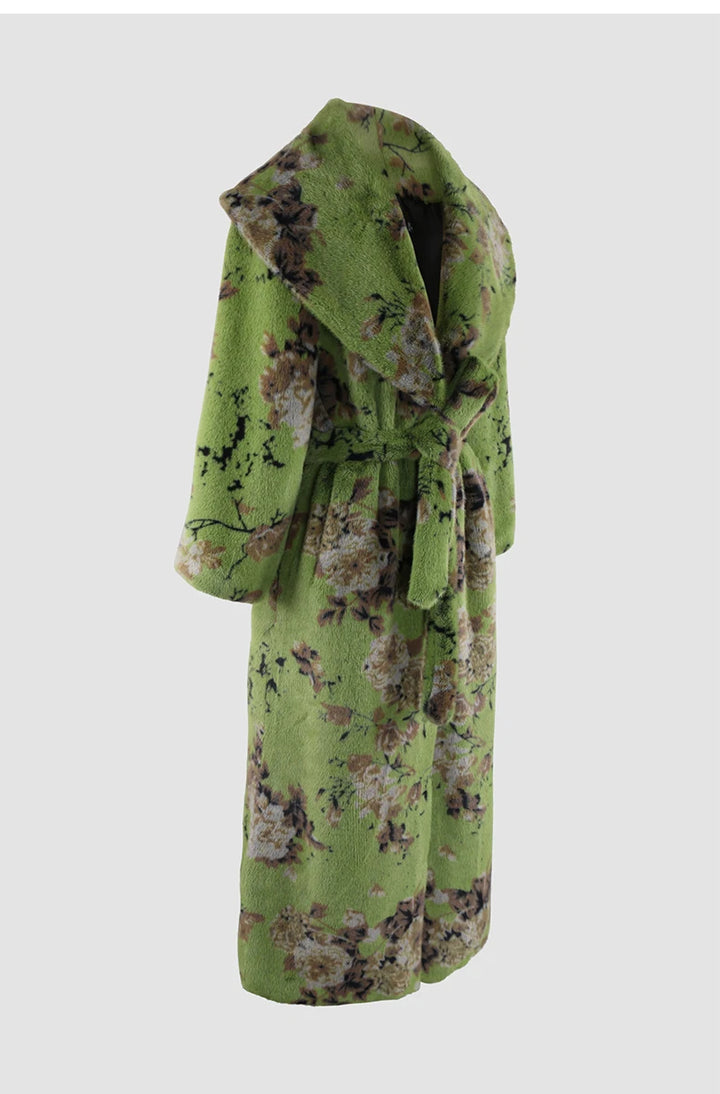 Green Floral Longline Faux Fur Coat