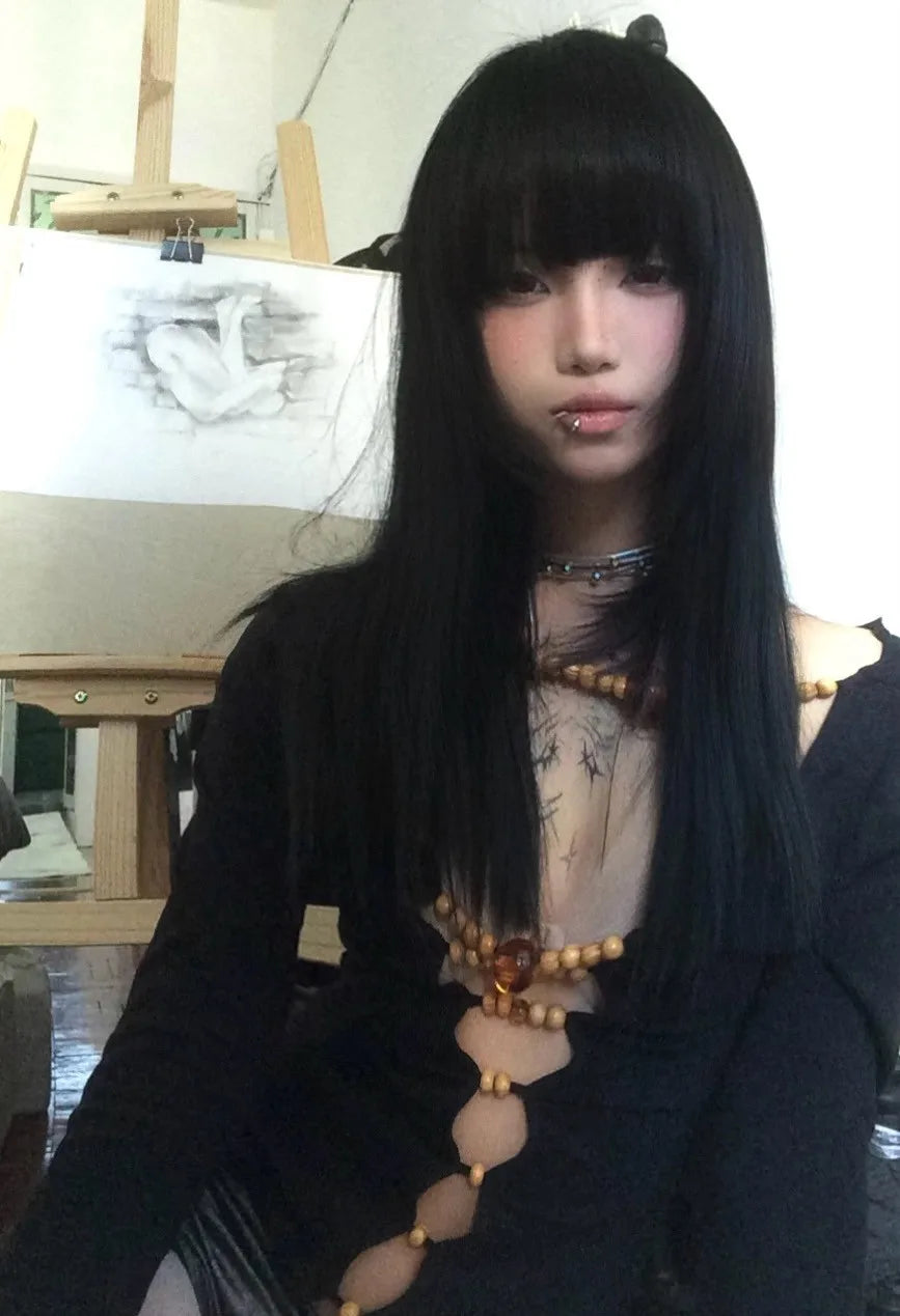 Beaded Hollow Out Long Sleeve Top - Festigal