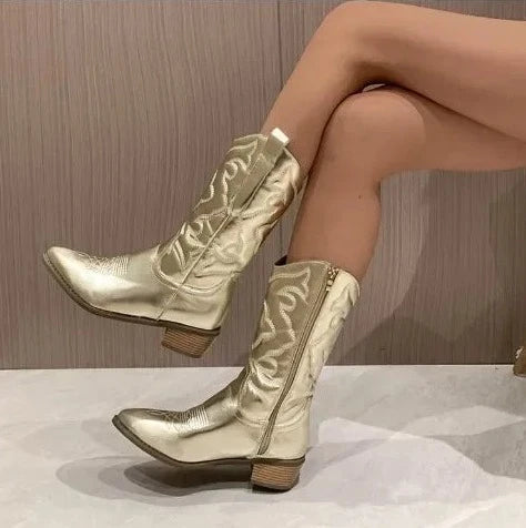 Embroidered Mid Calf Cowboy Boots - Festigal