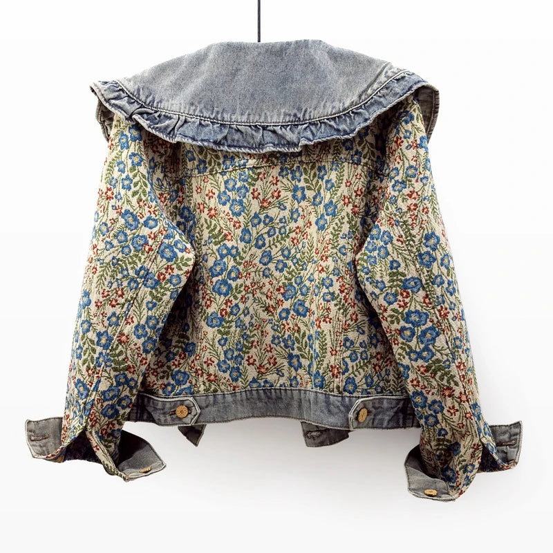 Oversized Collar Floral Denim Jacket - Festigal