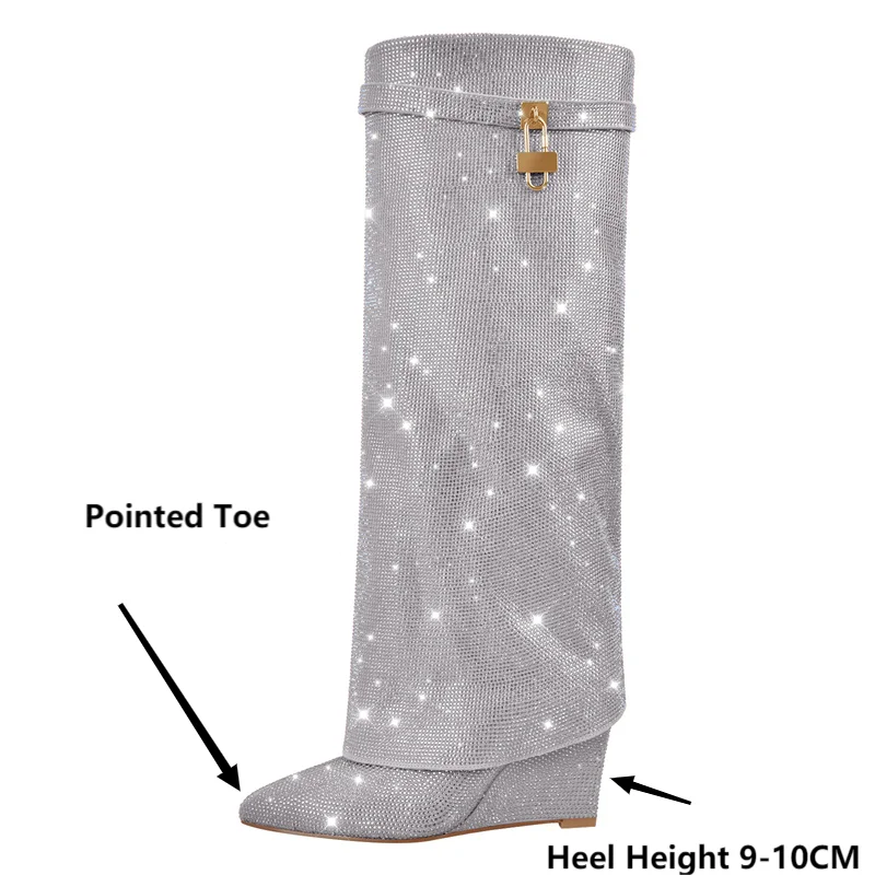 Rhinestone Knee High Wedge Boots