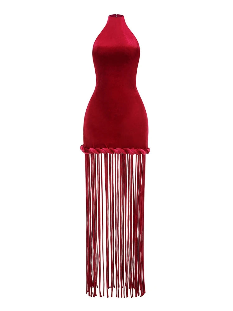 Velour Rope Tassel Maxi Dress