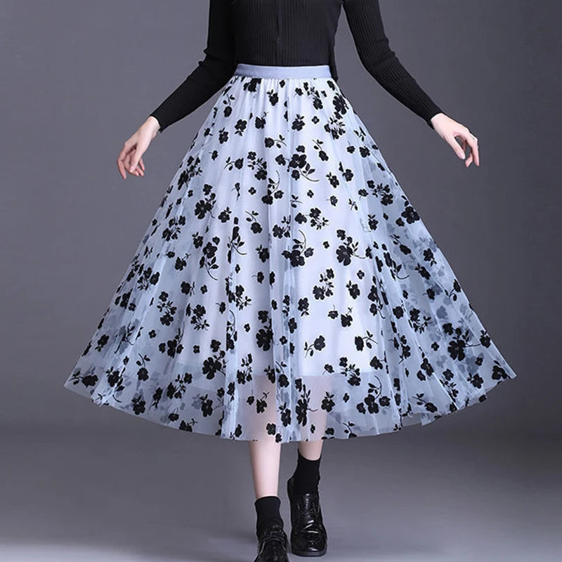 Floral Mesh Midi Skirt - Festigal