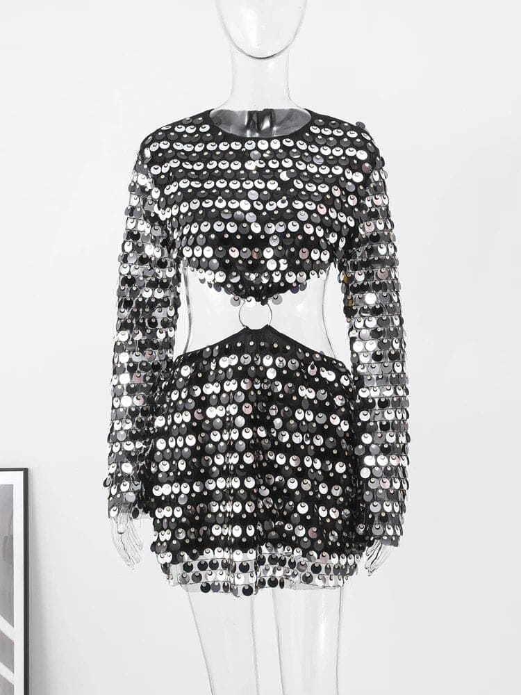 Sequin Cut Out Bell Sleeve Dress - Festigal