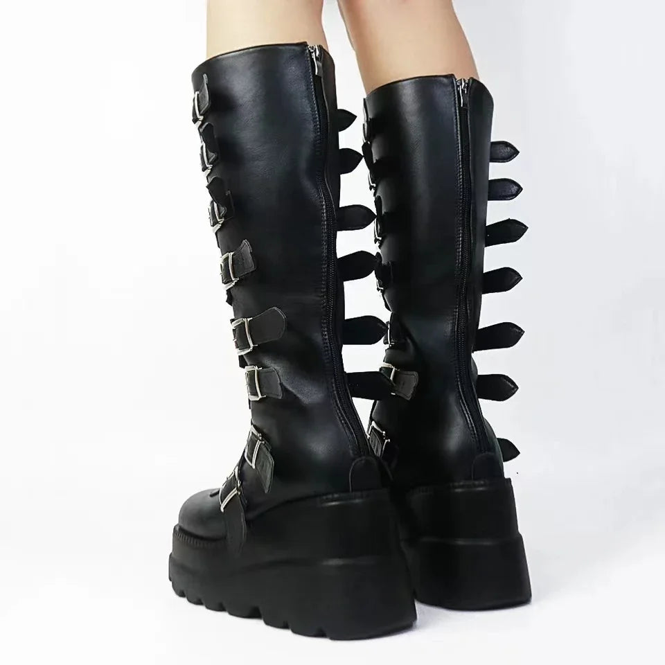 Buckles Galore Knee High Wedges - Festigal