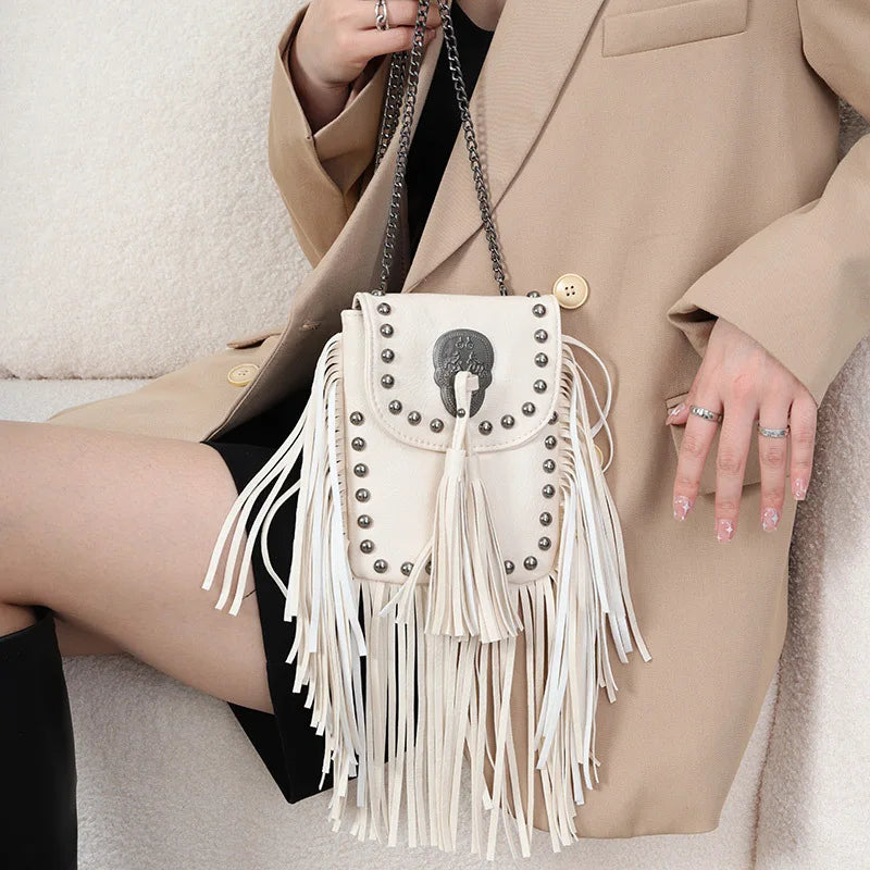 Skull Rivet Tassel Crossbody Bag - Festigal