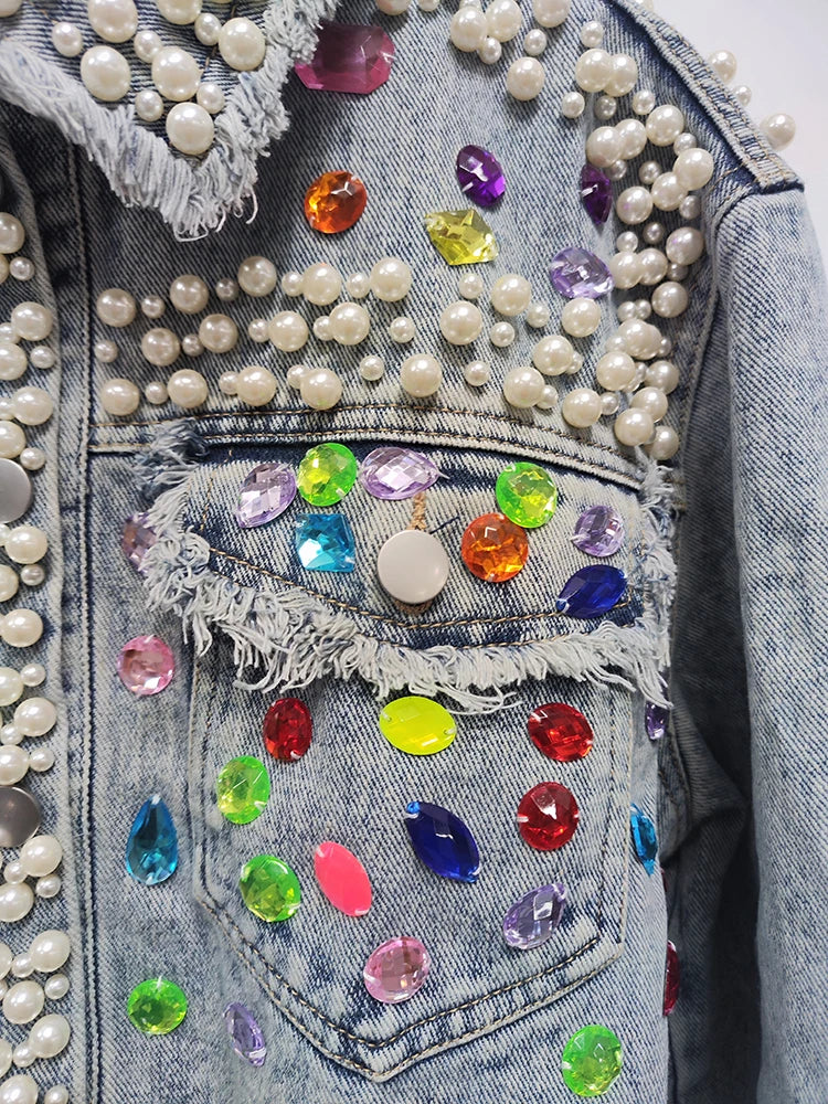 Pearl Gem Embellished Denim Jacket