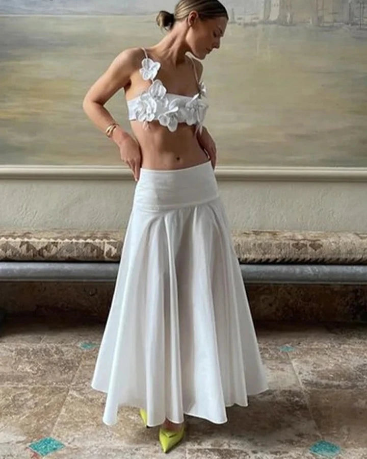 White 3D Floral Crop Top - Festigal