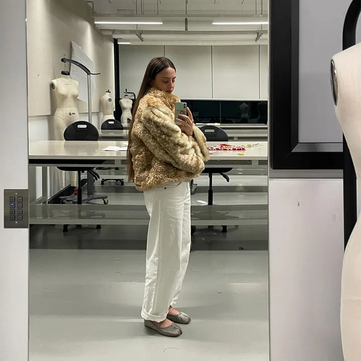 Faux Fur Deer Print Bomber Jacket