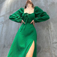 Lace-Up Lantern Sleeve Midi Dress - Festigal