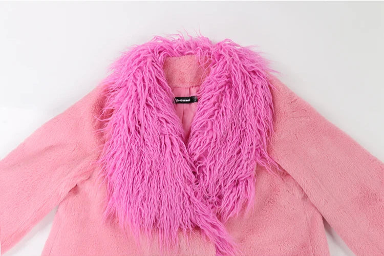 Pink Faux Fur Trim Collar Coat - Festigal