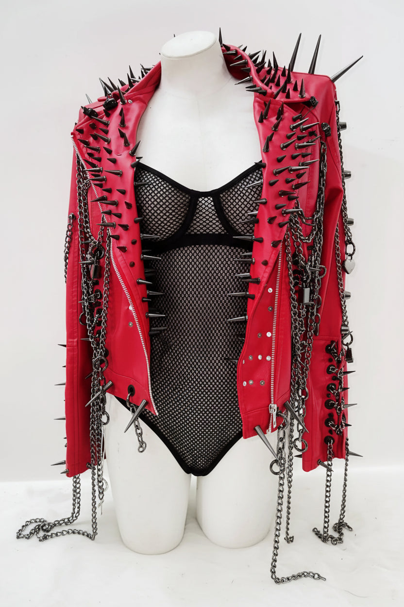 Red Faux Leather Spiked Jacket