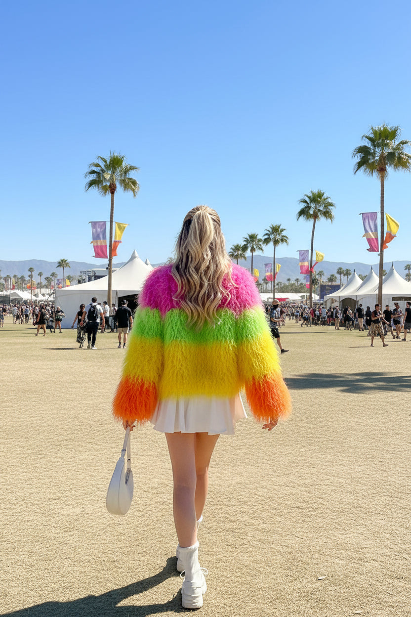 Rainbow Striped Shaggy Faux Fur Coat