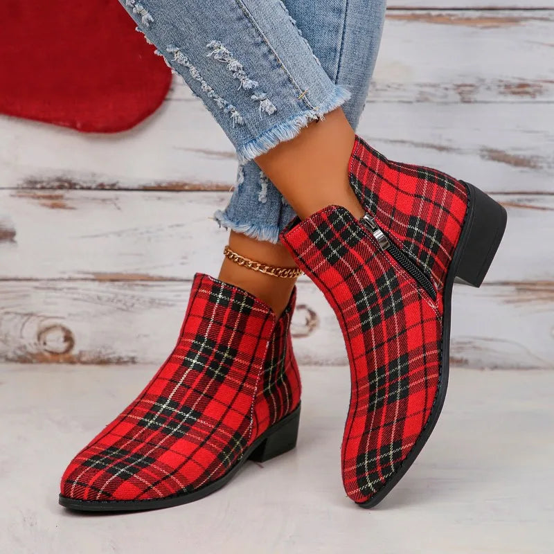 Red Plaid Ankle Boots - Festigal