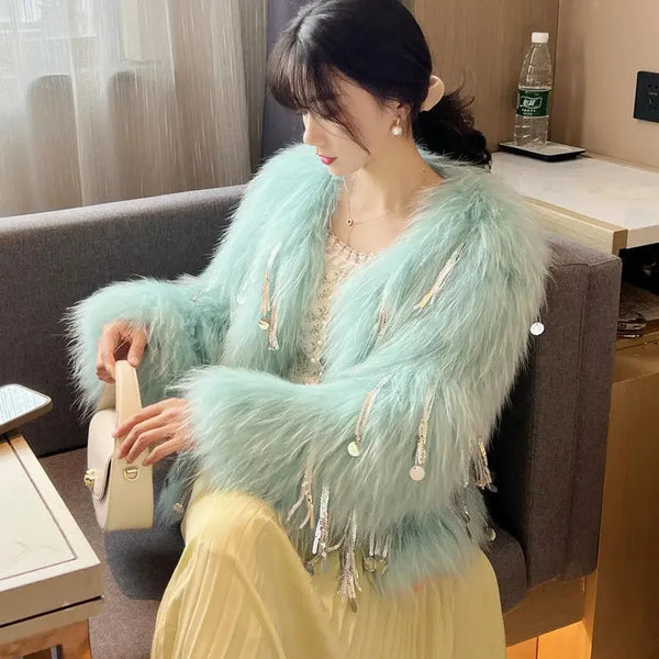 Women's Faux Fur Blue Sequin Tassel Jacket - Festigal