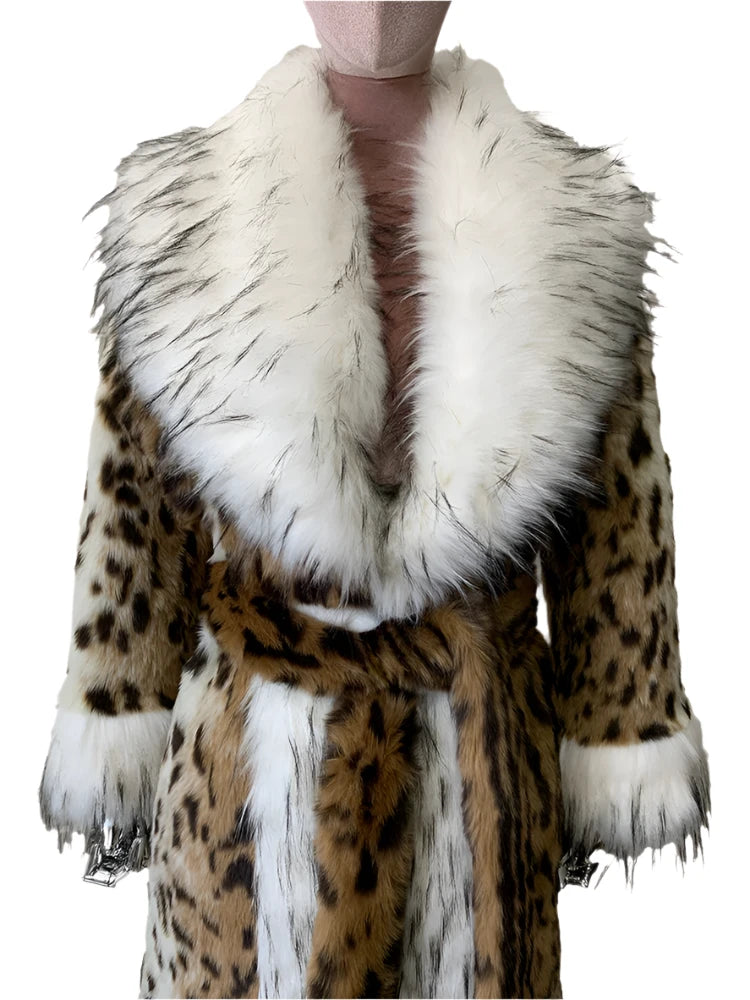 Long Faux Fur Leopard Print Coat - Festigal