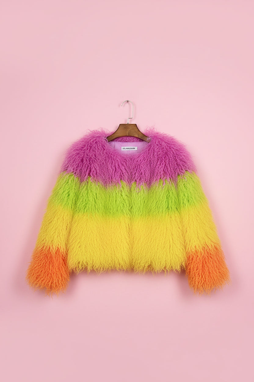 Rainbow Striped Shaggy Faux Fur Coat