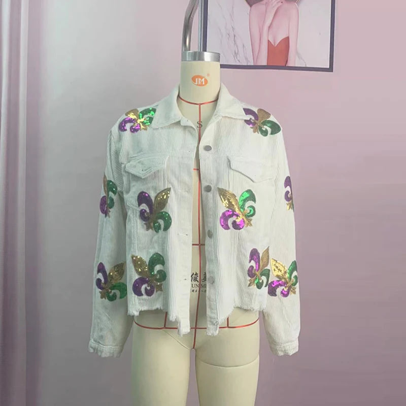 Floral Corduroy Casual Ripped Bomber Shirt -Jacket - Festigal