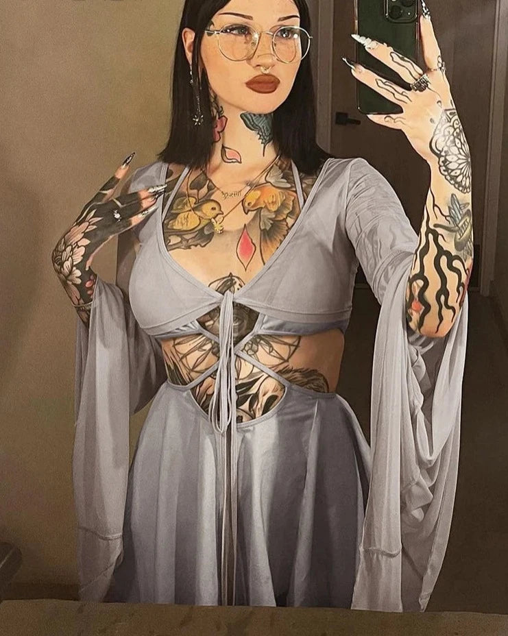 Asymmetrical Bell Sleeve Lace-Up Dress - Festigal