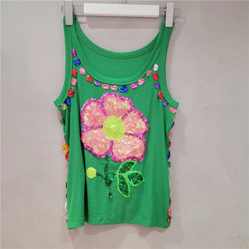 3D Rhinestone Flower Tank Top - Festigal