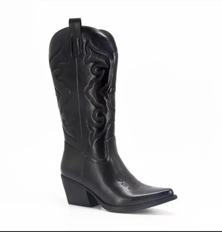 Embroidered Mid Calf Cowboy Boots - Festigal