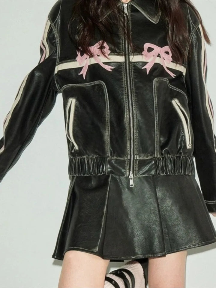 Pink Bow Motorcycle PU Leather Jacket - Festigal