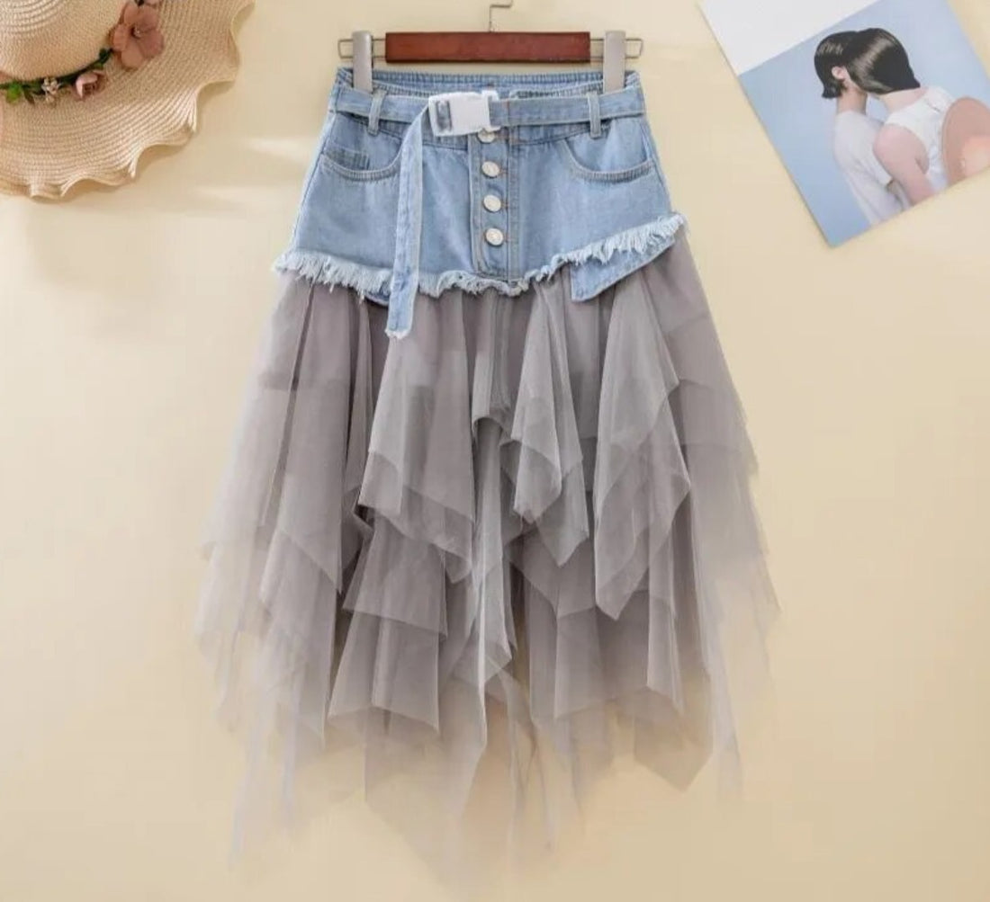 Asymmetrical Denim Jeans Tulle Skirt - Festigal