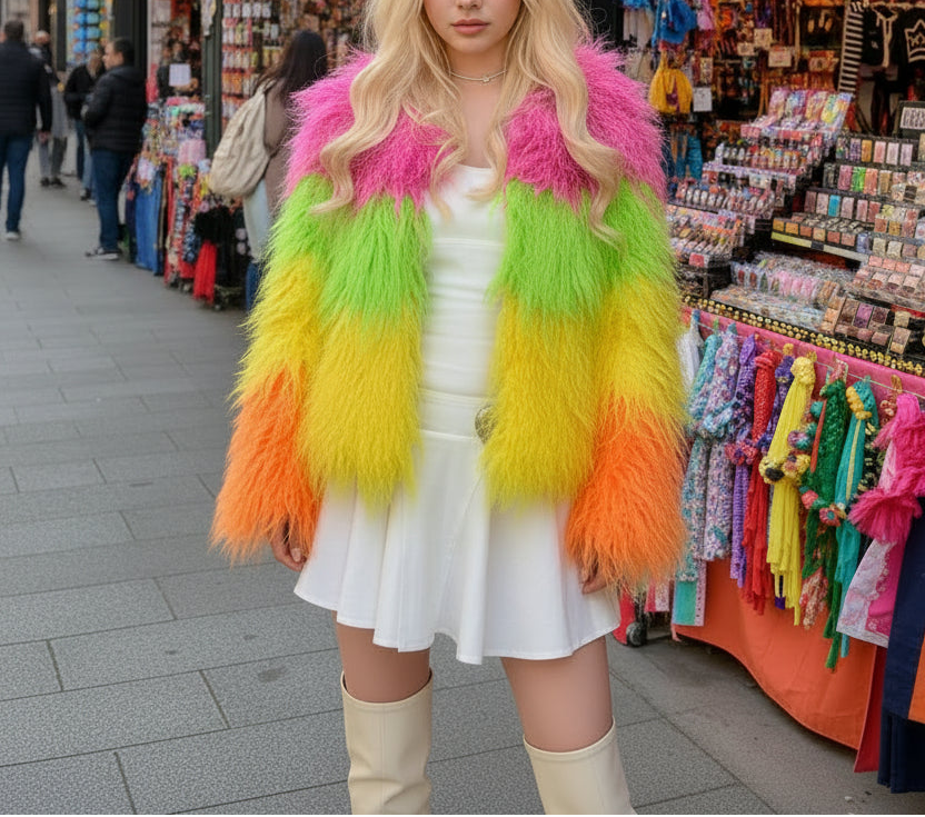 Rainbow Striped Shaggy Faux Fur Coat