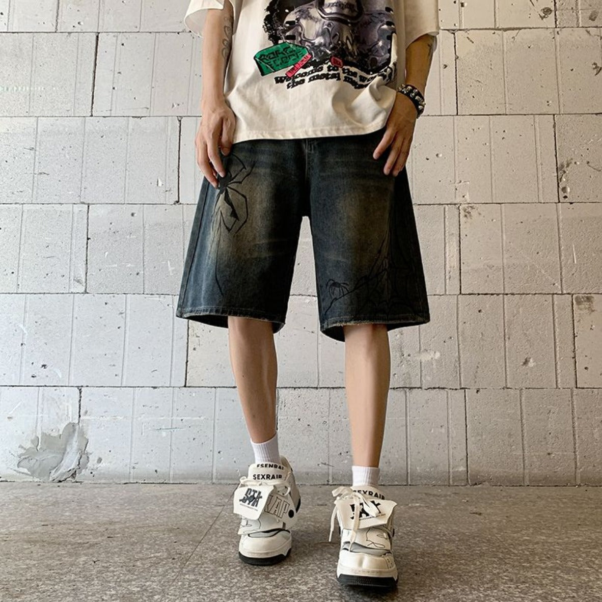 Spider Cobweb Denim Shorts - Festigal