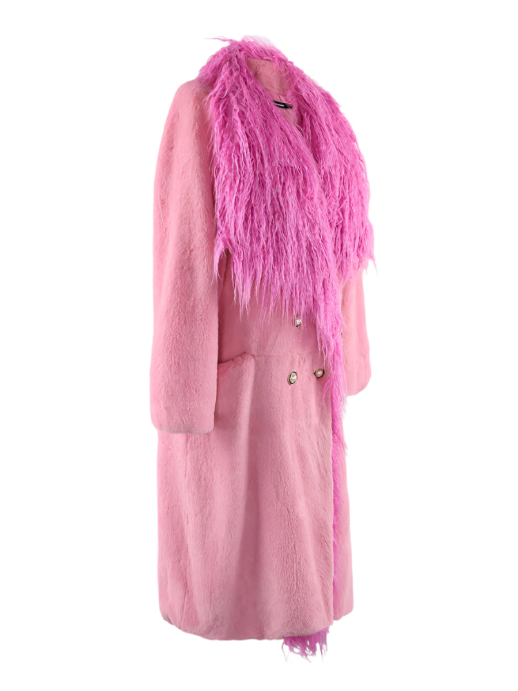 Pink Faux Fur Trim Collar Coat - Festigal
