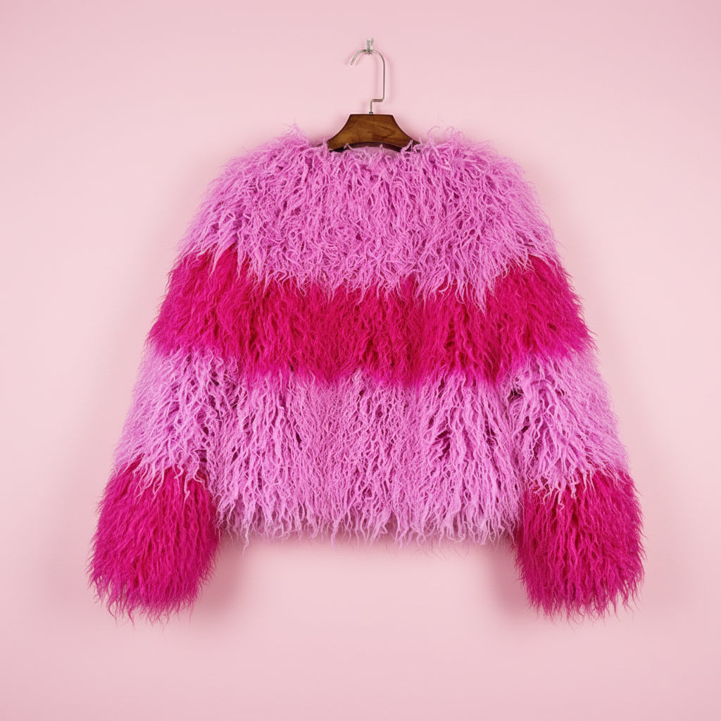 Rainbow Striped Shaggy Faux Fur Coat