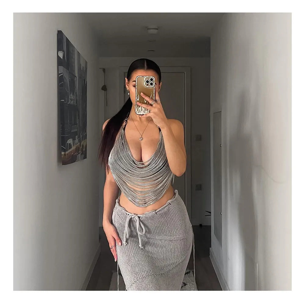 Draped Chain Halter Neck Top