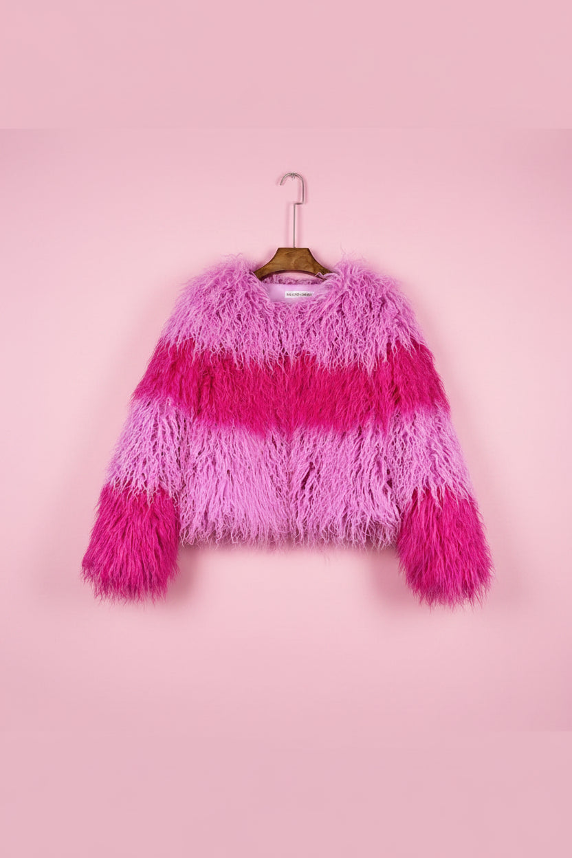 Rainbow Striped Shaggy Faux Fur Coat