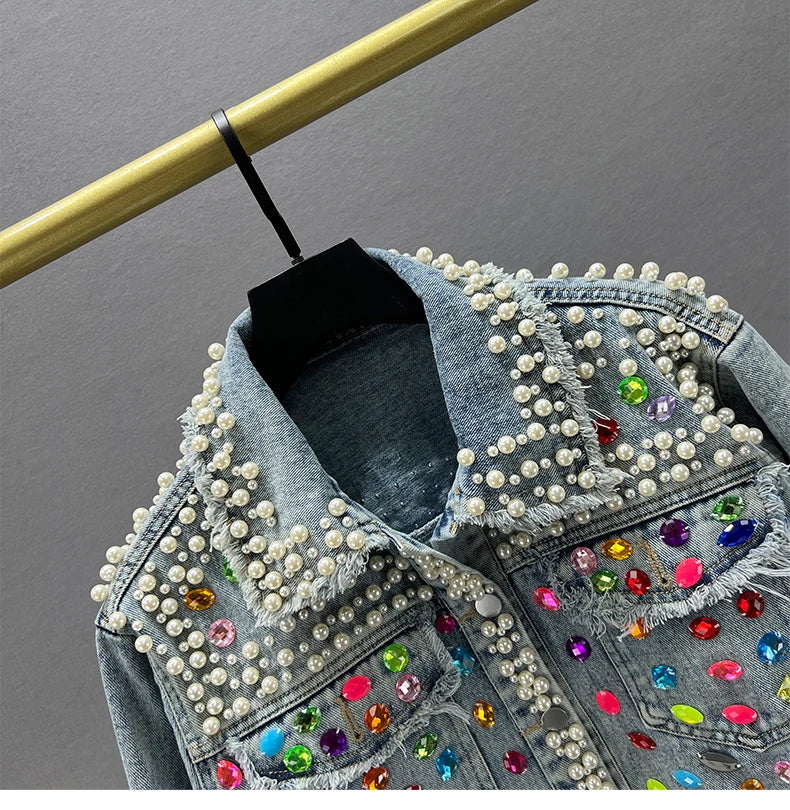 Pearl Gem Embellished Denim Jacket