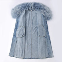 Mongolian Fur Collar Denim Trench Coat - Festigal